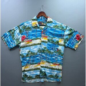 Ringo Sport Button Up Shirt Mens Blue Tropical‎ Hawaiian Rayon M